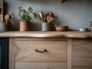 Elegant kitchen with wooden surfaces and plants.