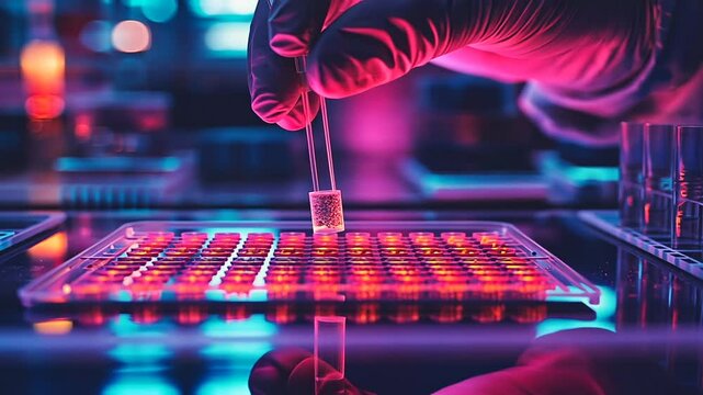 Scientist placing sample in lab microplate