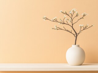 Elegant vase with blooming branch on shelf.