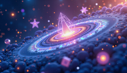 A vibrant, abstract galaxy swirls with glowing rings and celestial structures, illuminated by a central, crystalline core. Graphical resource for design and downstream advertisement purposes
