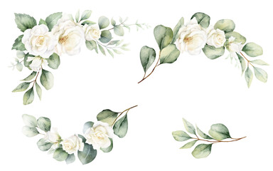 Obraz premium Watercolor set of frames and wreaths with green eucalyptus leaves and white roses. Greenery clipart for wedding invitation, greeting cards, save the date, stationery design. Hand drawn illustration.