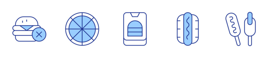 no fast food, fast food, order food, hot dog, corndog. Fast food Icon vector illustration. Line Duotone style. Editable stroke