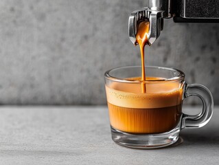 Espresso pouring into a glass cup.