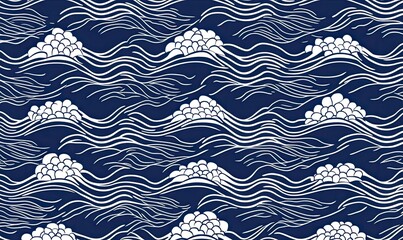 An abstract seamless pattern depicting ocean waves and floral elements