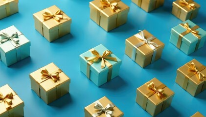 Subtle gold foil gift boxes on blue background, repeat pattern, christmas, backdrop