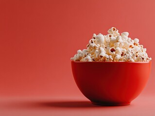 Fresh popcorn in a red bowl on a colorful background.