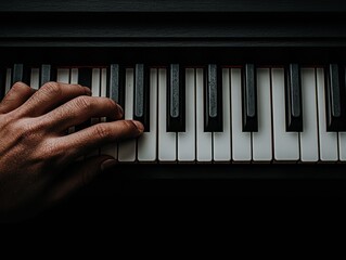 Hand playing piano keys in dim light.