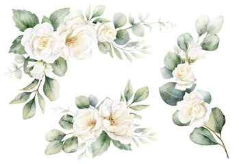 Watercolor set of frames and wreaths with  green eucalyptus leaves and white roses. Greenery clipart for wedding invitation, greeting cards, save the date, stationery design. Hand drawn illustration.
