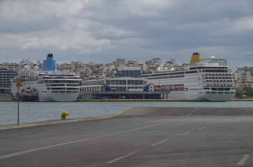 Classic cruiseship or cruise ship liner Neo Riviera in Piraeus Athens, Greece port on sunny day...