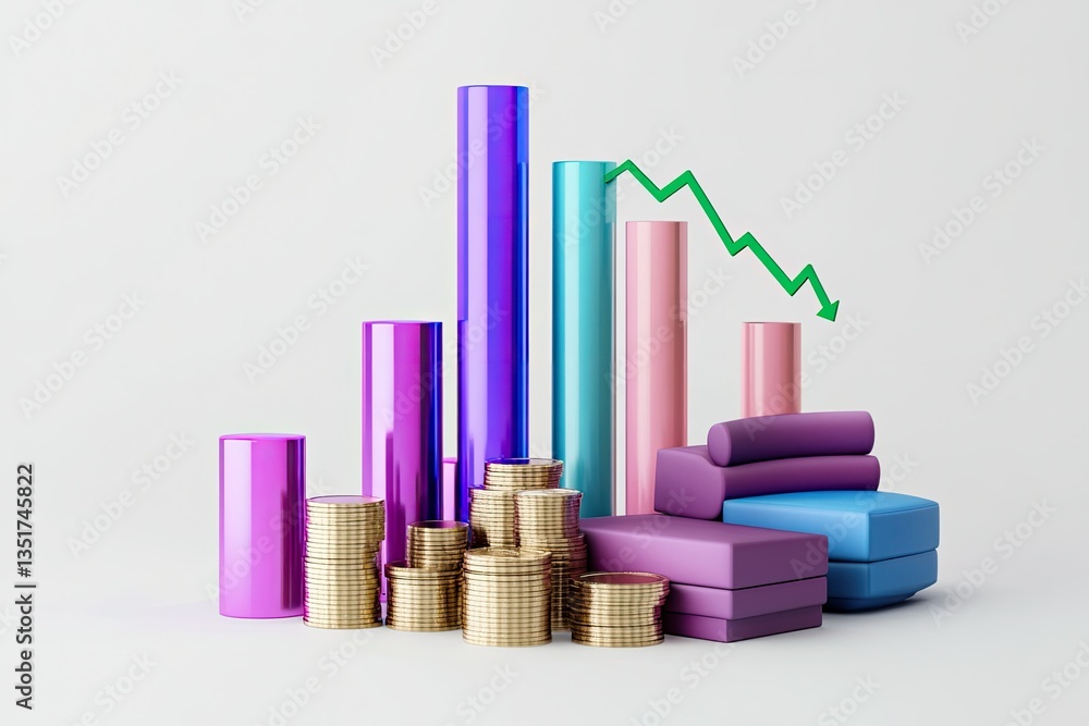 Poster glossy column chart showing decline with coins and cushions on a white background