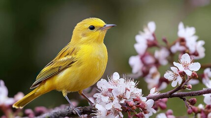 Golden Yellow Bird on Blossom Branch