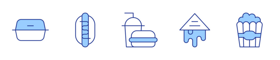 sandwich, popcorn, hot dog, food box, fast food. Fast food Icon vector illustration. Line Duotone style. Editable stroke