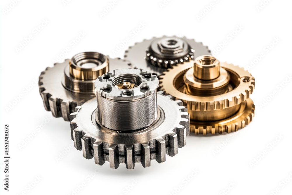 Poster close-up of three intricately designed metallic gears interlocked, showcasing precision engineering.