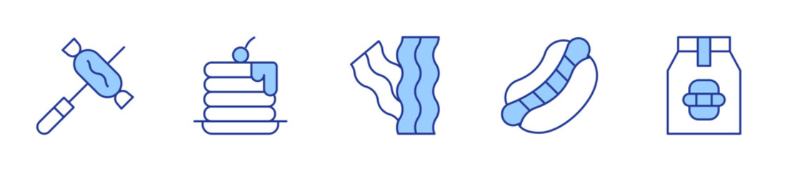 sausage, pancakes, bacon, hotdog, food package. Fast food Icon vector illustration. Line Duotone style. Editable stroke