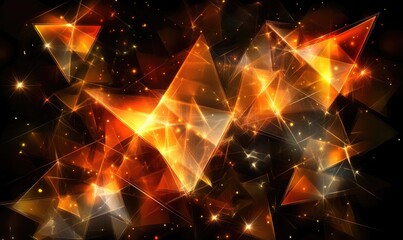 Glowing orange and yellow triangles and sparks fill dark background