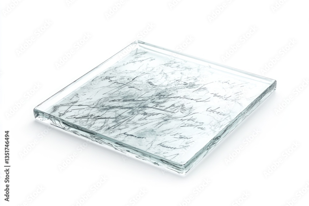 Poster a glass block encased with abstract scribbles and markings, creating a unique artistic piece.
