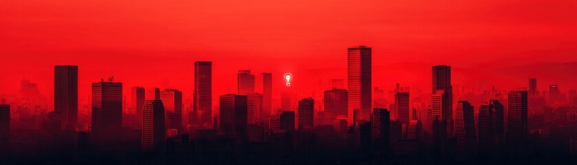 Urban dusk skyline silhouette cityscape digital art atmospheric glow wide angle modern aesthetic