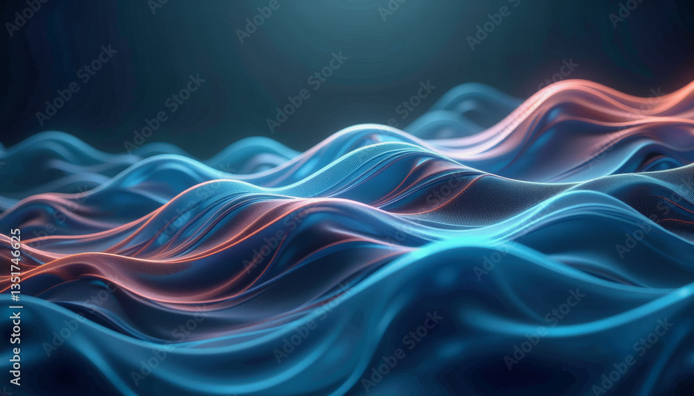 Poster glowing waves of light flow in intricate patterns across a dark, abstract landscape. graphical resou
