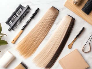 Human hair extensions laid out in a cascading waterfall pattern, surrounded by elegant accessories, set on a marble surface with soft natural lighting