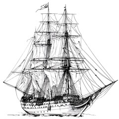 An intricately drawn illustration depicts a sailing ship on the sea