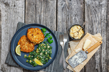 chicken patties with kale almond parmesan salad