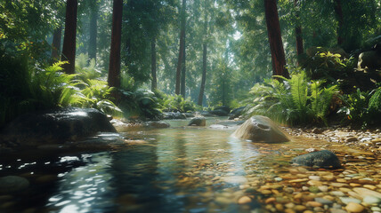 Obraz premium 緑豊かな森を流れる静かな清流