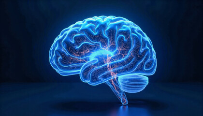 A glowing blue and orange network illuminates a detailed 3D rendering of a human brain, showcasing its complex neural pathways. Graphical resource for design and downstream advertisement purposes
