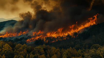 日本の山林を包む大規模火災の遠景ショット
