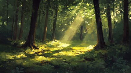 Naklejka premium Enchanting sunbeams filtering through a verdant woodland expanse