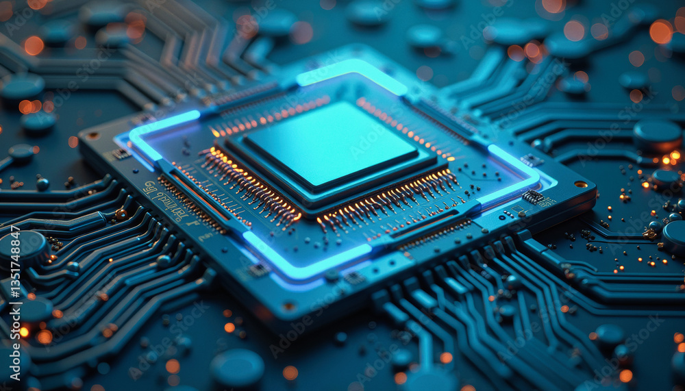 Aufkleber a glowing microchip sits prominently on a detailed circuit board, radiating intricate patterns of li