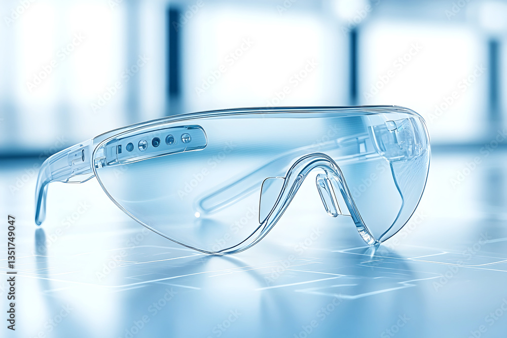 Poster futuristic transparent smart glasses with integrated technology placed on a reflective surface in mo