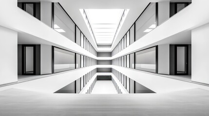 Obraz premium A black-and-white long-exposure shot of a modern buildinga??s interior, looking from the top floor down through a symmetrical hallway with white walls and light gray flooring