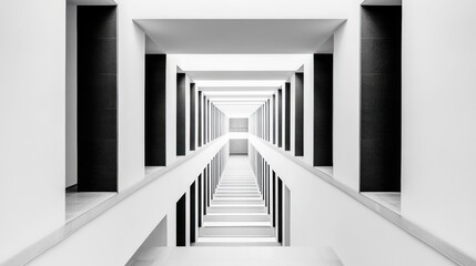 Fototapeta premium A black-and-white long-exposure shot of a modern buildinga??s interior, looking from the top floor down through a symmetrical hallway with white walls and light gray flooring