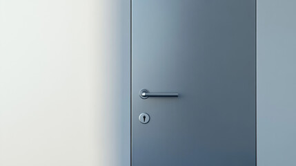 A minimalist steel door with a single rectangular mail slot and a round polished chrome handle, standing alone against a clean white background. The surface has subtle imperfections, reflecting soft