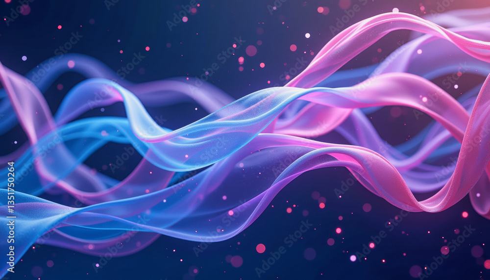 Poster flowing ribbons of pink and blue intertwine in a dynamic, abstract display against a deep, shimmerin