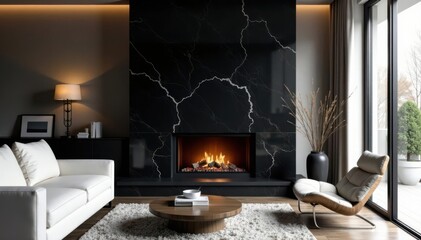 Modern minimalist living room; black marble fireplace with ethanol bio fire insert , alternative fuel, warmth