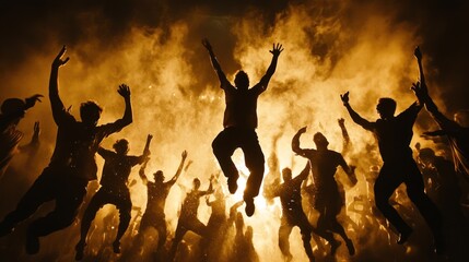 Crowd jumping in celebration, night, smoky atmosphere, possible use for a music festival