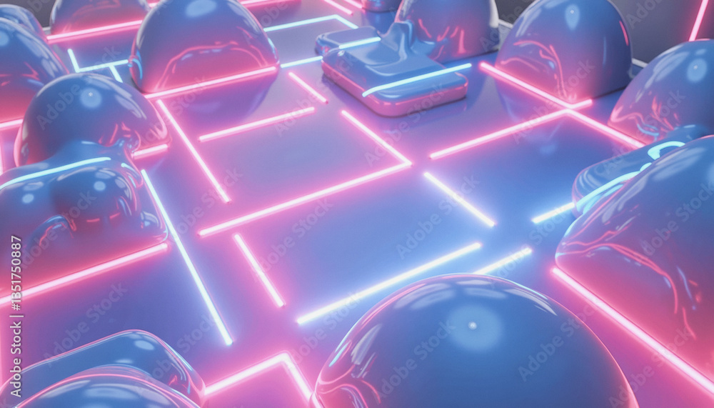 Poster glowing blue spheres illuminate a grid of interconnected neon lines in a futuristic, abstract enviro