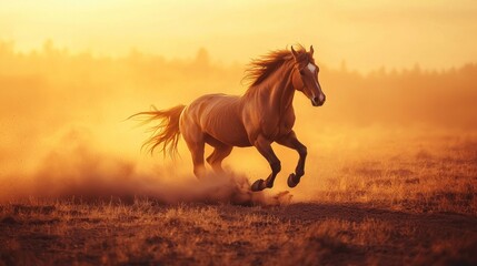 Majestic Horse Running Through Golden Sunrise Dust Field