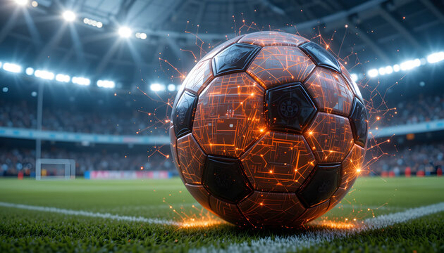 Futuristic Soccer Ball with Glowing Digital Elements on a Stadium Field

 - Powered by Adobe