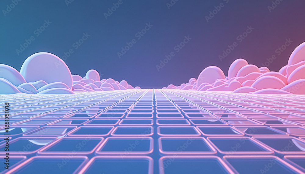 Poster glowing neon lines stretch into the distance, creating a surreal landscape of soft, rounded forms ag