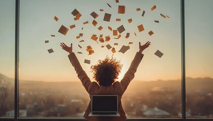 Woman celebrates success with sunset view.