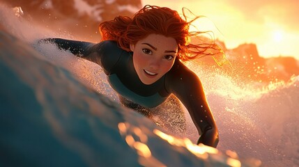 A smiling animated woman surfs a wave during sunset