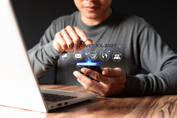 Customer journey concept, a person using a smartphone with a customer journey icon on a virtual screen, journey satisfaction