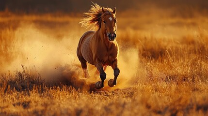 Golden Hour Horse Running Through Dust Field