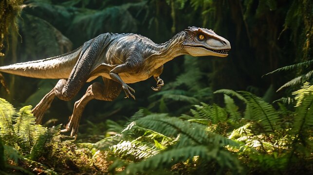 Swift and slender Coelophysis running through a dense prehistoric forest its pack moving in perfect synchronization The undergrowth rustles as they dart between ferns their keen eyes scanning for prey