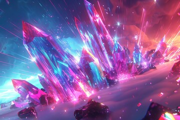 Vibrant crystals explode in a surreal landscape