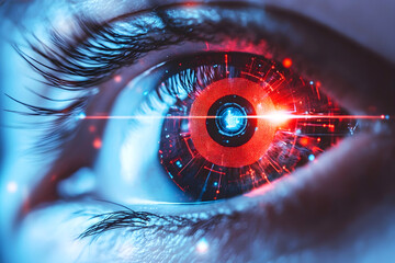 Close-up of human eye enhanced with glowing futuristic cybernetic interface, symbolizing advanced technology, biometric scanning and augmented vision