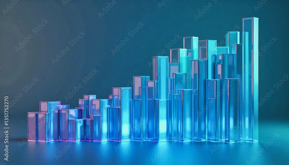 Poster glowing blue bars ascend in a dynamic, futuristic data visualization representing growth and progres