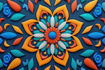 A colorful and symmetrical floral pattern with multiple shapes and shades